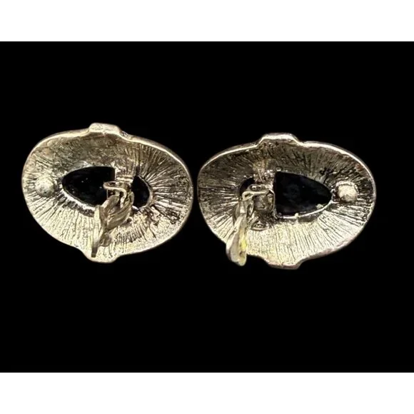 Vintage 80s Silver Blue Purple Faux Cabochon Tone Clip-On Earrings Lot 4 Pairs - Picture 9 of 13